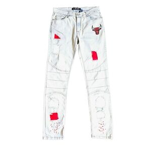 FISLL Adult Men's Size 32x32 Chicago Bulls Distressed Slim Fit Tan Denim Jeans